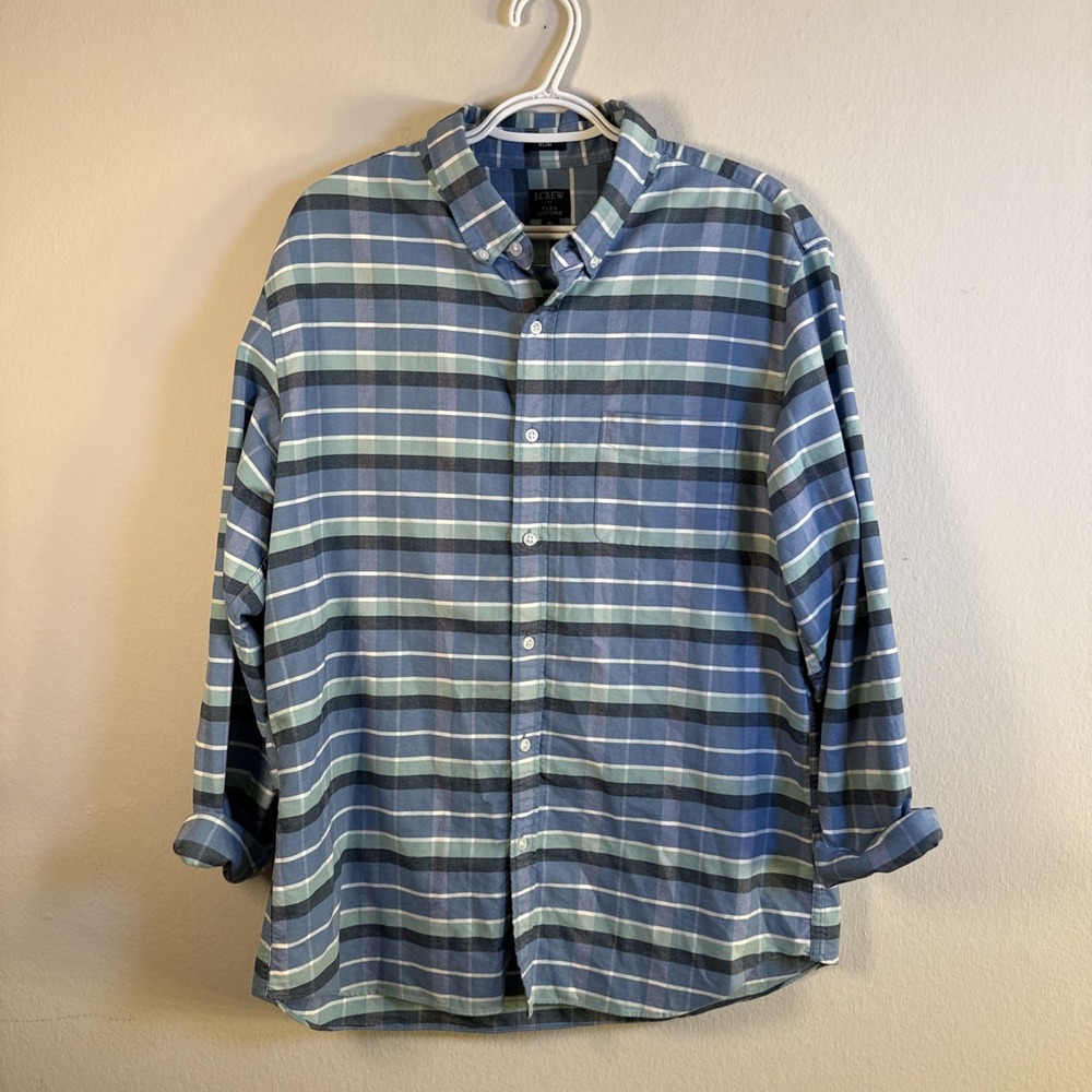 J. Crew‎ Shirt Men's XL Blue Green Plaid Flex Oxford Slim Fit Button Down Cotton